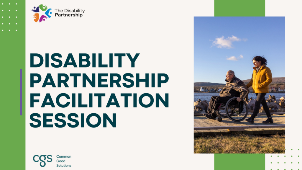 a beige and green image that features two people on a wooden path. A person with short gray hair is using a manual wheelchair and a person with curly black hair and a yellow coat is walking beside them.